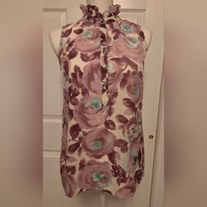 LOFT Floral Ruffle Neck Blouse - Purple and Teal